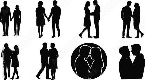 Vector silhouettes of couples in romantic poses including kissing, holding hands, embracing, walking together, love relationship intimacy illustration design