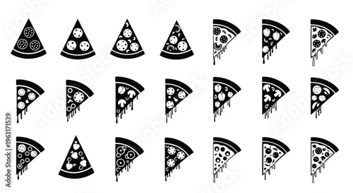 Creative collection of abstract and stylized pizza slice artworks with drips and patterns