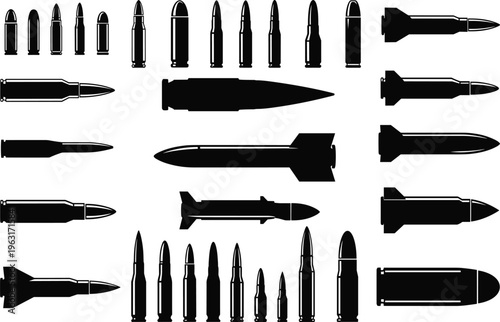 Ammunition and missile silhouettes collection featuring bullets, shells, rockets and military projectiles isolated black icons set for defense and weapon illustration design