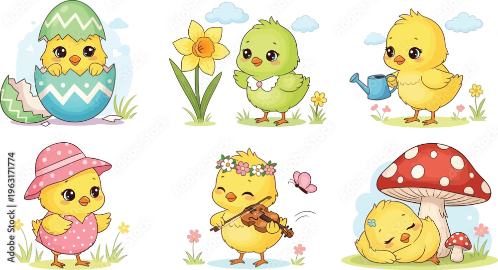 Fototapeta premium A group of cartoon chicks in various springtime themed scenes and activities together