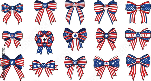 A collection of patriotic bows in red white and blue colors