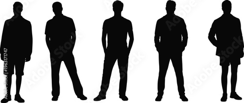 Vector silhouettes of standing male figures in casual and semi‑formal clothing styles with varied postures for fashion, design, art, and illustration reference.