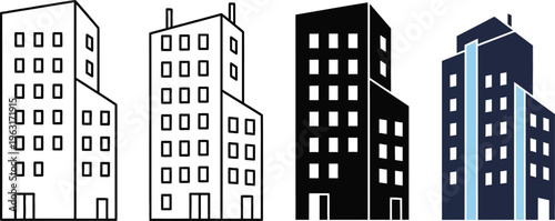A row of four modern city buildings with varying architectural styles