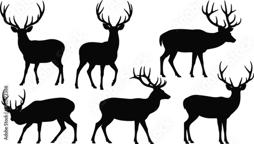 Six Black Silhouettes of Deer with Antlers in Diverse Poses on a White Background stag buck