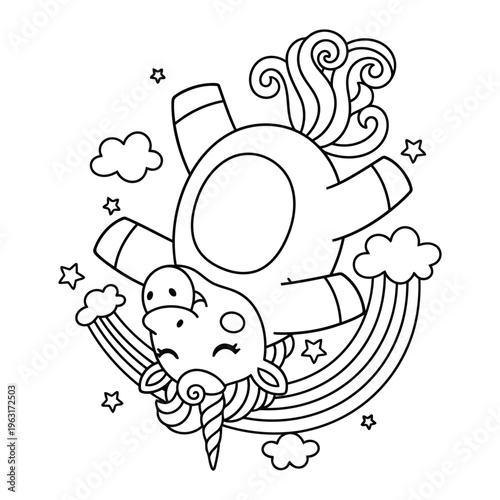 Unicorn coloring page flying upside down with rainbow clouds and stars line art