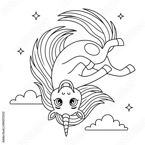 Unicorn coloring page flying upside down in sky with stars and clouds line art