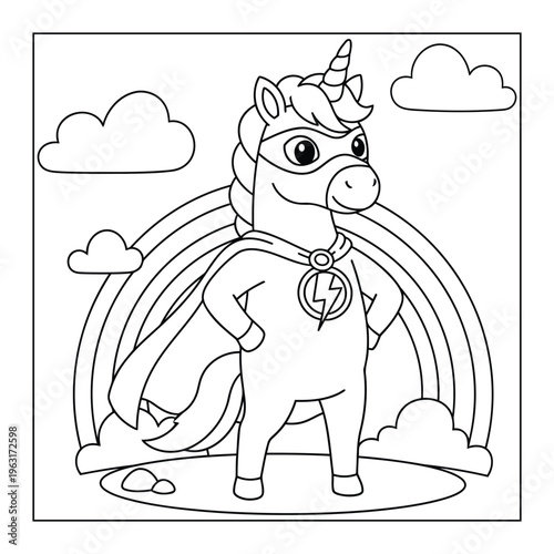 Unicorn coloring page superhero character with mask and cape under rainbow sky