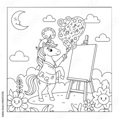 Unicorn coloring page artist pony painting canvas with magical creative brush