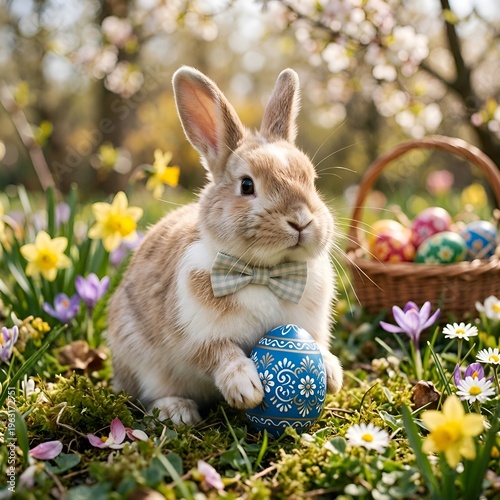 Adorable Easter Bunny with Bowtie Holding Decorated Egg in Spring Floral Garden with Basket