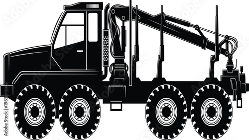 Forestry logging truck with crane silhouette illustration featuring heavy duty timber transport vehicle, industrial machinery and wood harvesting equipment isolated on white background