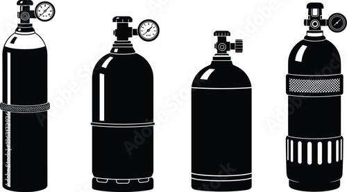 Gas cylinder tanks silhouette set featuring oxygen, propane and industrial pressure containers with valves and gauges for medical, welding and safety equipment illustration