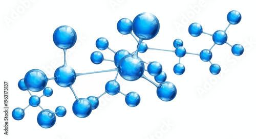 3D vector illustration of hyaluronic acid molecule models, futuristic molecular structure with glossy spheres and connecting lines, reflecting surfaces, clean scientific aesthetic, bright blue and cya