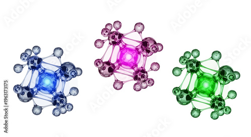 Set of 3D vector icons representing organic molecular structures, hyaluronic acid molecules with transparent spheres and smooth connections, glowing effect, vibrant gradient colors, macro medical cell