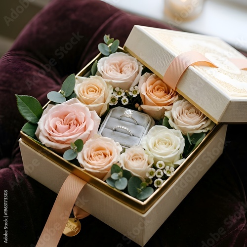 Elegant Wedding Proposal Setup with White and Pink Roses, Green Leaves, and Diamond Ring in Gold Box
