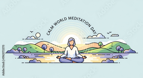 Serene woman meditating in lotus position by calm lake at sunrise surrounded by hills and trees on world meditation day