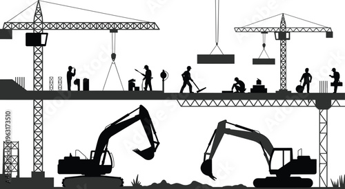 Construction site silhouettes set with tower cranes excavators and workers for industrial building project urban development and heavy engineering design