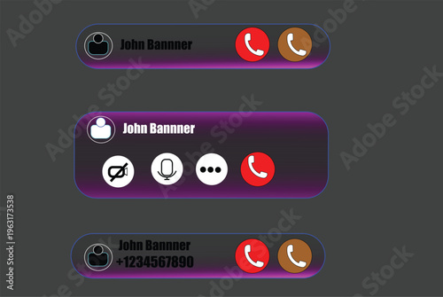 Incoming call notification mockup on transparent background. Modern glassmorphism ui for phone calls displaying incoming, active, and unknown contacts