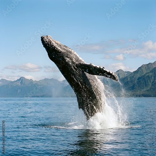 Humpback Whale Breaching in Ocean with Mountainous Landscape and Blue Sky