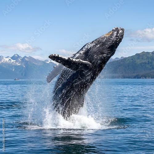 Humpback Whale Breaching in Ocean with Mountainous Landscape and Blue Sky