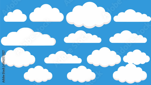 A collection of fluffy, white cumulus clouds float against a serene, clear blue sky, evoking a sense of tranquility and freedom.