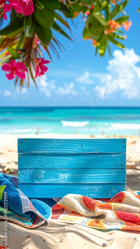 Wallpaper Mural Sunny beach scene with a blue crate on the sand, beneath flowering branches, overlooking the turquoise ocean. Beach towels are in the foreground Torontodigital.ca