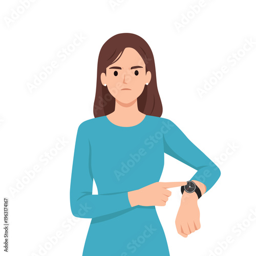 Angry Woman Pointing at Wristwatch Showing Time Pressure and Deadline Stress. Flat vector illustration isolated on white background