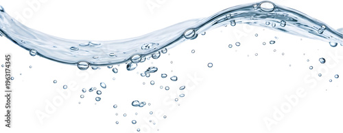 Light blue water wave with floating bubbles and gentle ripples on a white background