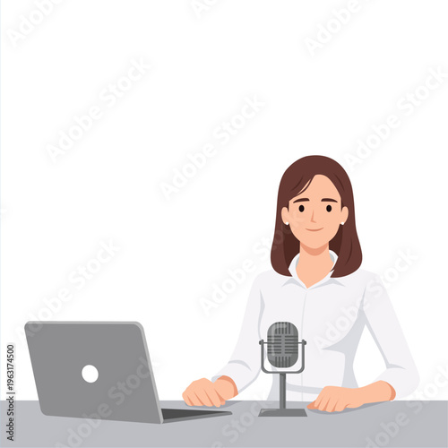Professional Female Podcast Host Recording at Desk with Laptop and Microphone. Flat vector illustration isolated on white background