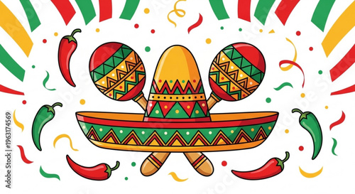 Vibrant mexican fiesta elements with sombrero maracas and chili peppers on white background