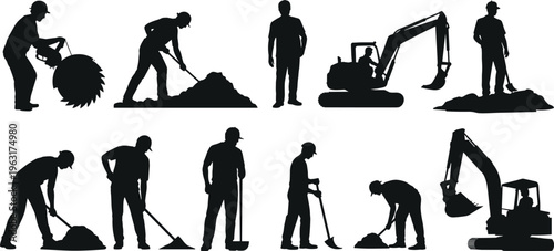 Construction worker silhouettes set with manual laborers using concrete saw shovel and excavator for industrial building site development and foundation