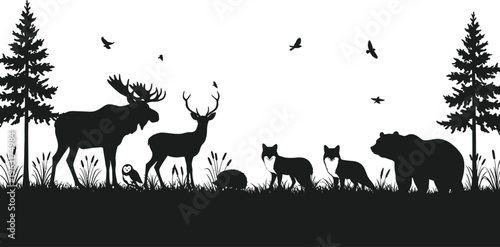 Black silhouettes of forest animals including moose and bear in natural habitat with trees and birds