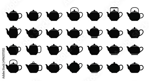 Array of black silhouette teapots in various designs and orientations