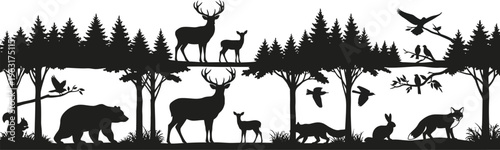 Forest wildlife silhouette with deer bear birds and trees in natural habitat scene
