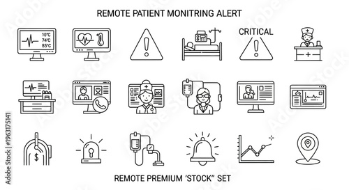 Remote patient monitoring system icons.