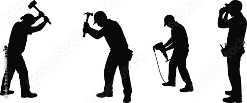 Construction worker silhouettes set with manual laborers using hammer sledgehammer and power drill for industrial building site maintenance and repair