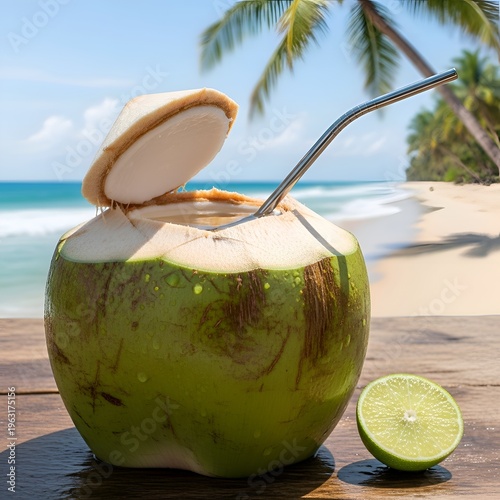 Fresh Green Coconut with Metal Straw on Tropical Beach with Lime on Wooden Table