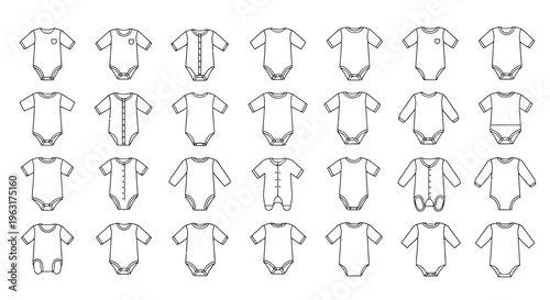 Collection of various baby onesie designs and styles for newborn clothing.