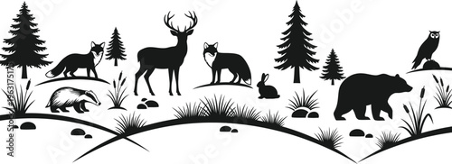 Black silhouettes of forest animals and trees on a white background