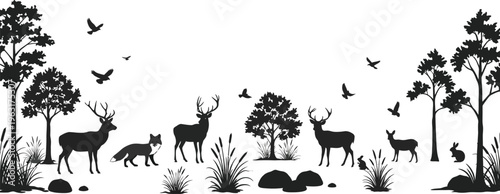 Black and white forest scene with deer and wildlife animals in natural habitat landscape