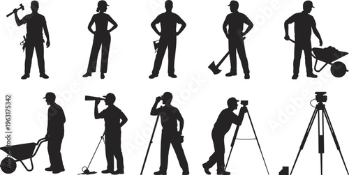 Construction worker silhouettes set with surveyor engineer builder and laborer using tools for industrial site building project and engineering design