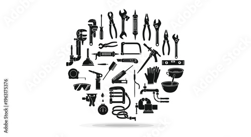 Assorted tools and equipment arranged in a circular pattern for visual appeal.