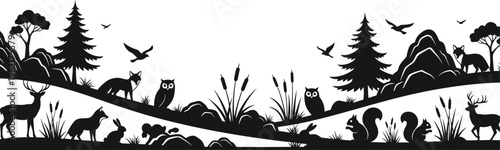 Black silhouette of forest animals and trees on white background with river and wildlife scene