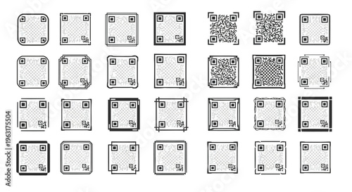 Collection of various labeled square diagrams with embedded qr codes and numbered sections