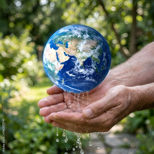 Earth Globe in Hands with Water Dripping from Fingers in Green Nature Background