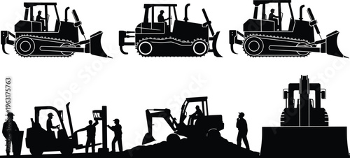 Heavy construction equipment silhouettes set with bulldozer excavator forklift and workers for industrial building site projects and civil engineering design