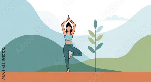 Woman practices yoga in serene natural setting with mountains and plant