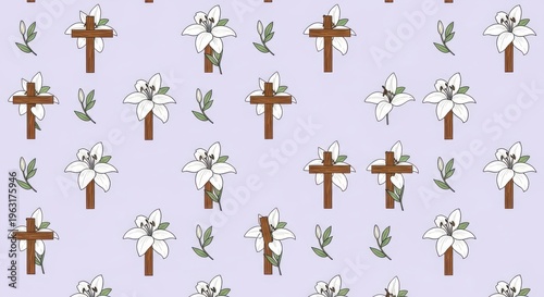 a repeating pattern of white flowers and brown crosses on a light purple background with green leave