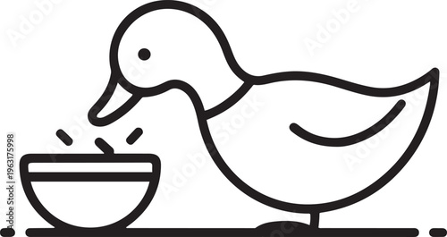 Minimalist Feeding Duck Vector Line Art - Organic Poultry Farm Bird Illustration for Agriculture and Pet Care Branding