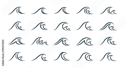 Variations of stylized wave and surfboard illustrations in a grid layout