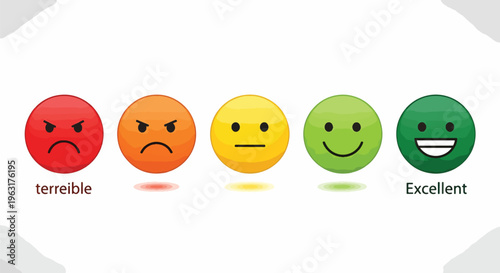 Row of colorful emoticon faces showing different ratings and emotions on a feedback scale from terrible to excellent